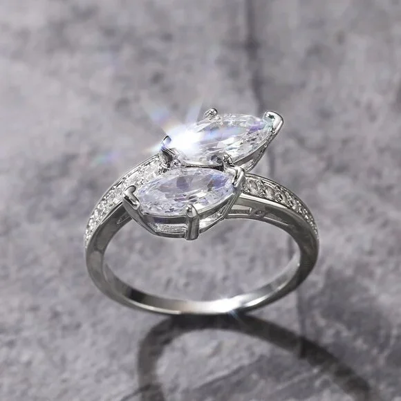 😍GORGEOUS 14K WHITE GOLD TWISTED DOUBLE MARQUIS TRENDY FASHION RING, K912 - Picture 10 of 13